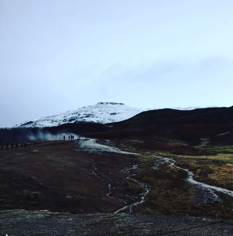 A guided Golden Circle tour group at a viewpoint in Iceland
